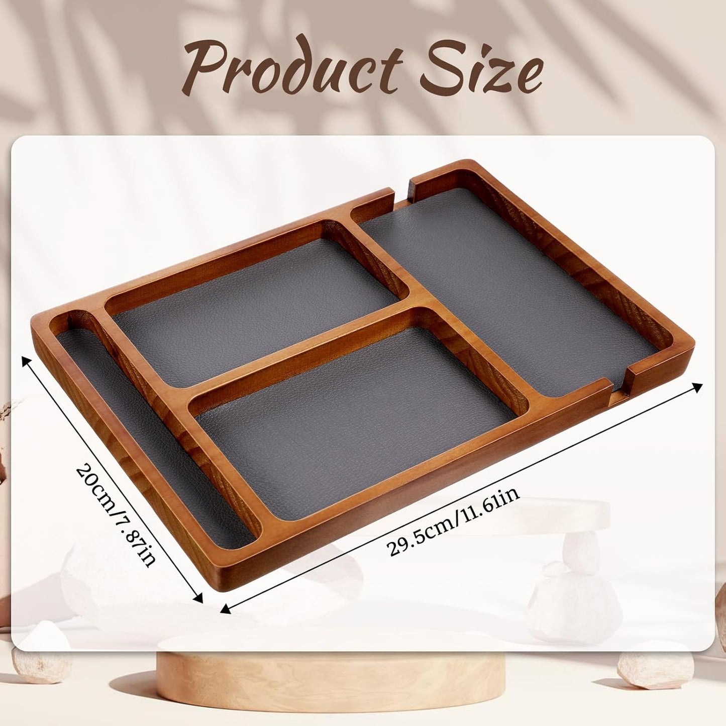 Sandalwood Wooden Valet Trays, Wood Nightstand Desk Organizer with Leather Inlay EDC Essentials Catch All Tray for Keys, Phone, Jewelry, Watch,Glasses (11.6 x 7.9 x 0.8 Inch)