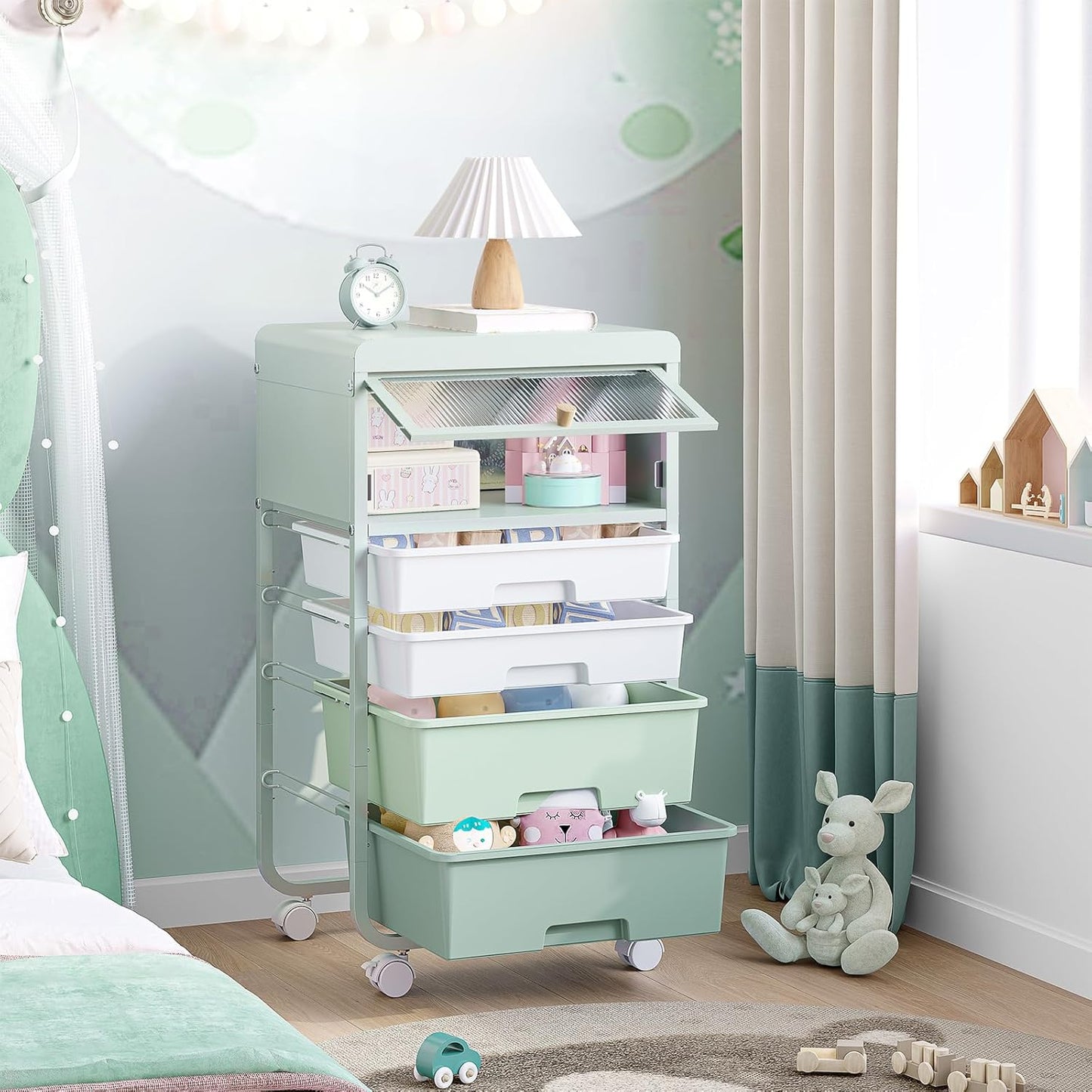 SYKIARIOL Utility-Rolling-Storage-Drawer-Craft-Cart-Organizers with 4 Drawers & Dust-proof Door for Kid Craft Art Room,Bedroom,Home Office, 4 Tiers Drawer cart, Green