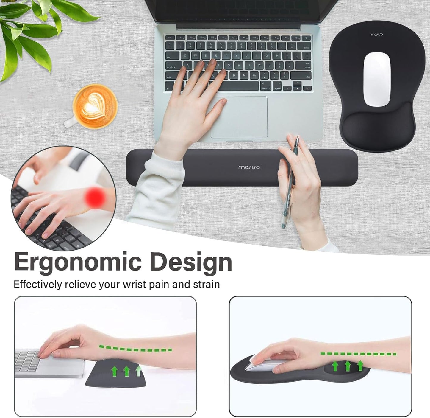 MOSISO Wrist Rest Support for Mouse Pad&Keyboard Set, Ergonomic Mousepad with Concave Curved Memory Foam, Non-Slip Base Pain Relief Comfortable Rectangular Easy Typing Pad for Home/Office, Black