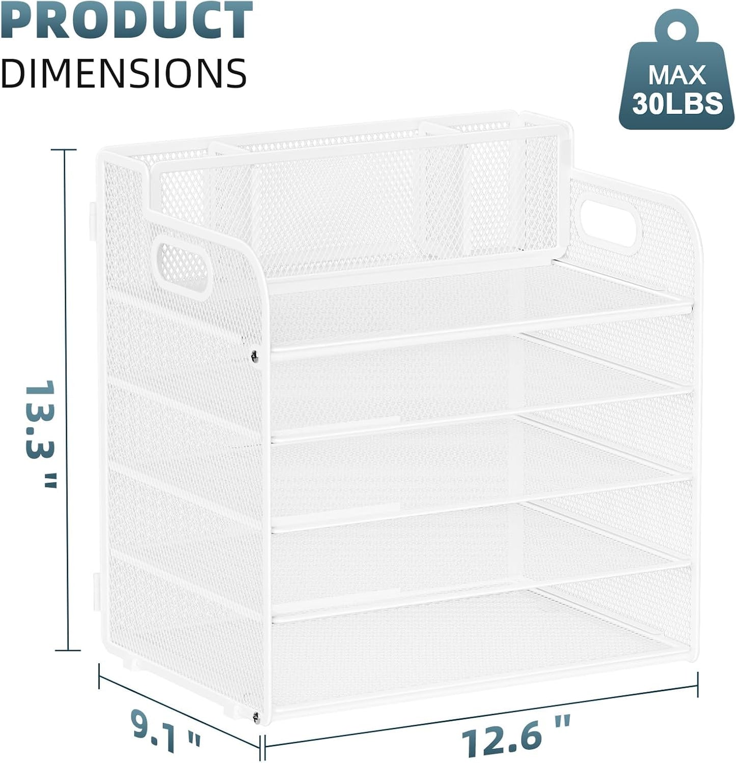 Marbrasse 5-Tier Letter Tray Paper Organizer with Handle, Multi-Functional Mesh File Organizer for Desk, Adjustable Compartments Mesh Desktop Storage for Office Supplies,Black