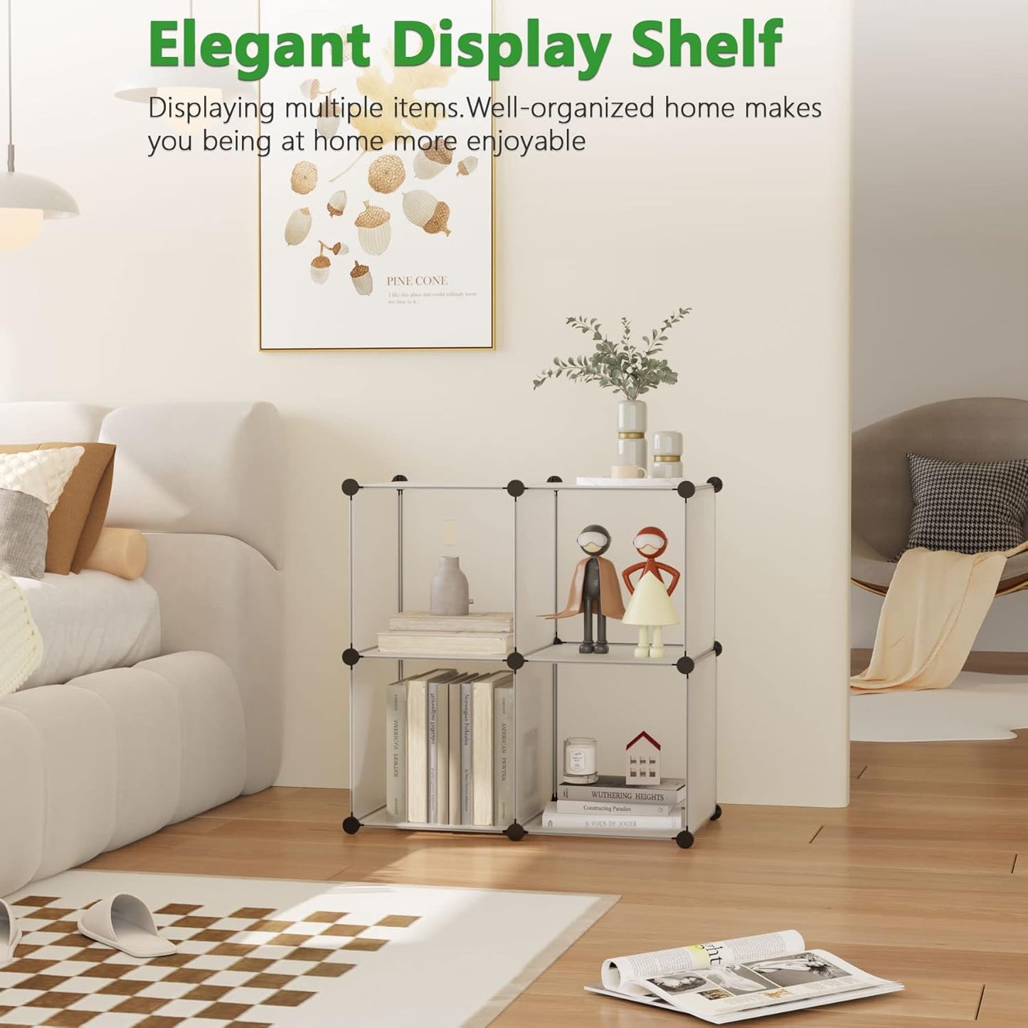 C&AHOME Cube Storage Organizer, 4-Cube Shelves Units, Closet Cabinet, DIY Plastic Modular Book Shelf Ideal for Bedroom, Living Room, Office, 24.8" L x 12.4" W x 24.8" H Milky UPCS04M