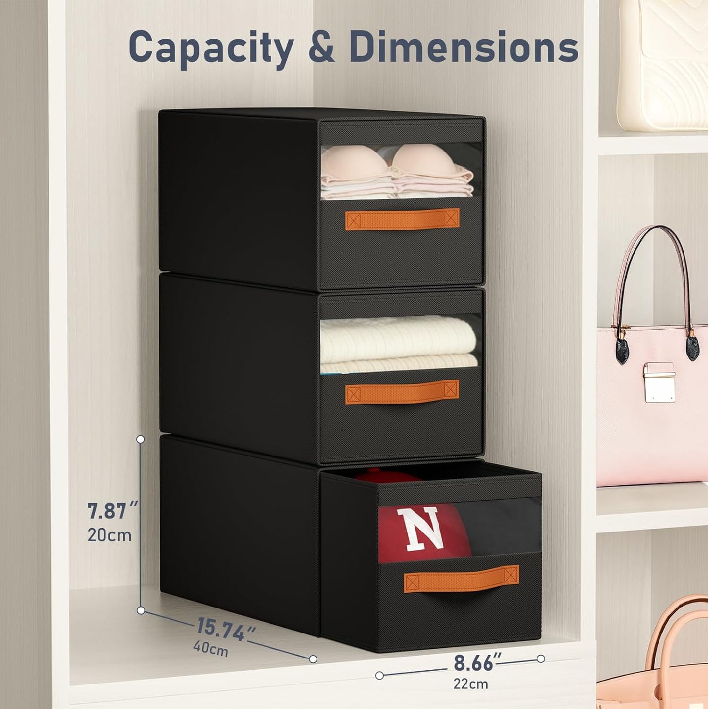 DIMJ Closet Organizers and Storage - Fabric Bins with Drawers for Closet Foldable Clothes Organizers with Clear Window, Stackable Storage Drawers Units for Bedroom, Living Room, 4-Pack, Grey