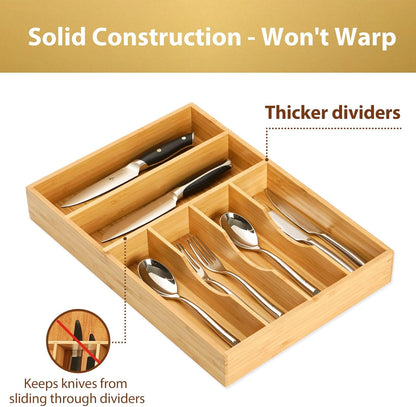 Umilife Bamboo Kitchen Drawer Organizer, 13 Inch Silverware Utensil Tray Holder, Extra Deep Grooved Drawer Divider, 7 Slots Total Bamboo Wood Caddy for Flatware Cutlery Knives, Forks, Spoons