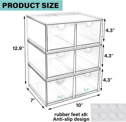 Prsildan Acrylic Makeup Organizer, 2 Pack Stackable Storage Drawers with 6 Drawers for Office Desk Vanity Craft Room Clear Drawer Organizers for Hair Accessories Art Supplies Cosmetics Modular System