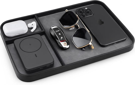 SENEN Leather Tray, Stylish and Organized Multifunctional Tray, for Table Entryway, Premium PU Leather, Catchall Tray for Keys, Watch, Wallet, Jewelry, and More (Black Frame)