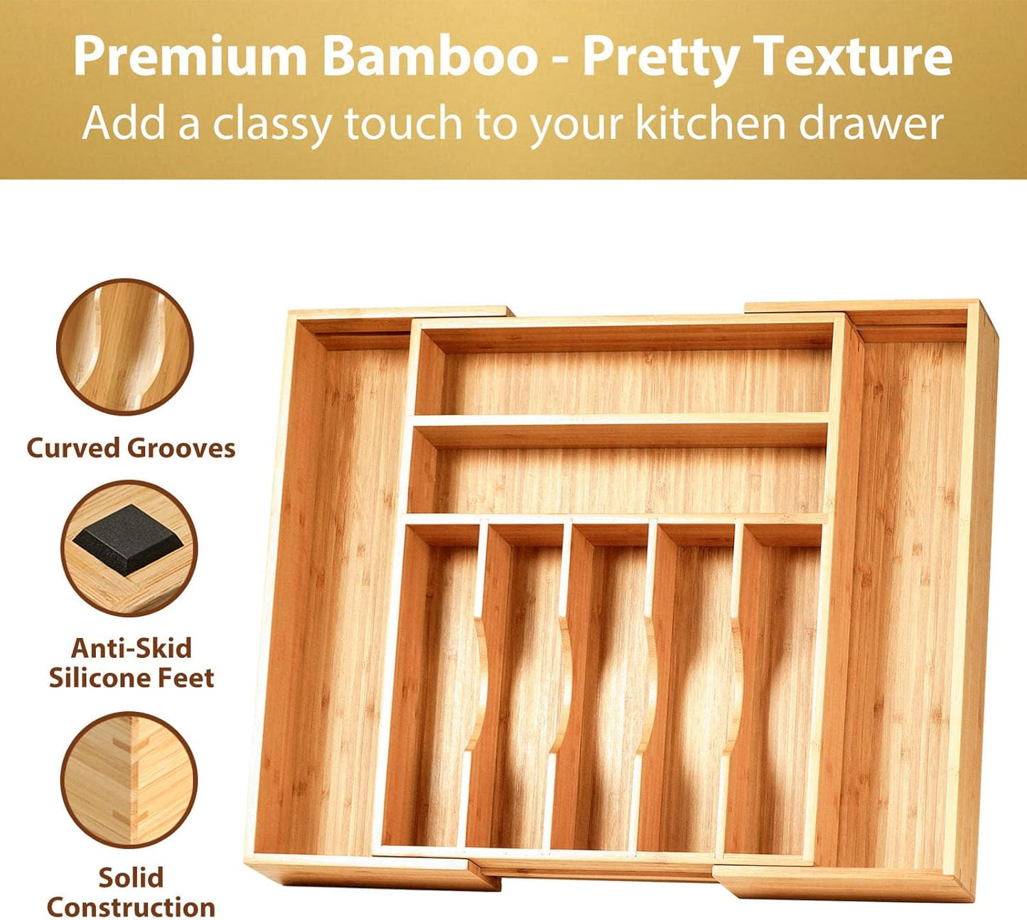 Umilife Expandable Kitchen Drawer Organizer, 2.5" High Bamboo Utensils Silverware Tray, Adjustable Large Deep Wood Organization Holder