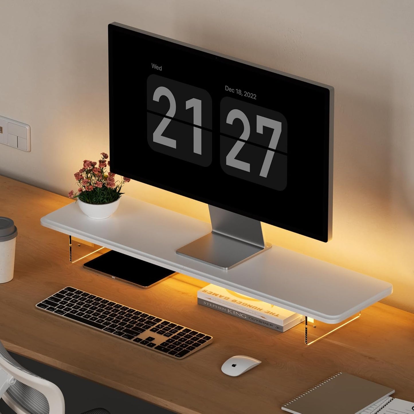 AFOOYO Monitor Stand Riser,31.5-Inch LED Light Wood Computer Monitor Stand with Adjustable Acrylic Legs,Desk Accessories Desktop Organizer Stand for, Computer,Laptop,Printer,PC TV Screen Riser,Black