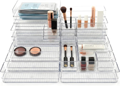 6 PCS Clear Plastic Drawer Organizer Set, 2 Sizes Acrylic Drawer Storage Trays Non Slip Storage Bins for Makeup, Jewelry, Gadgets for Kitchen, Bedroom, Bathroom, Office