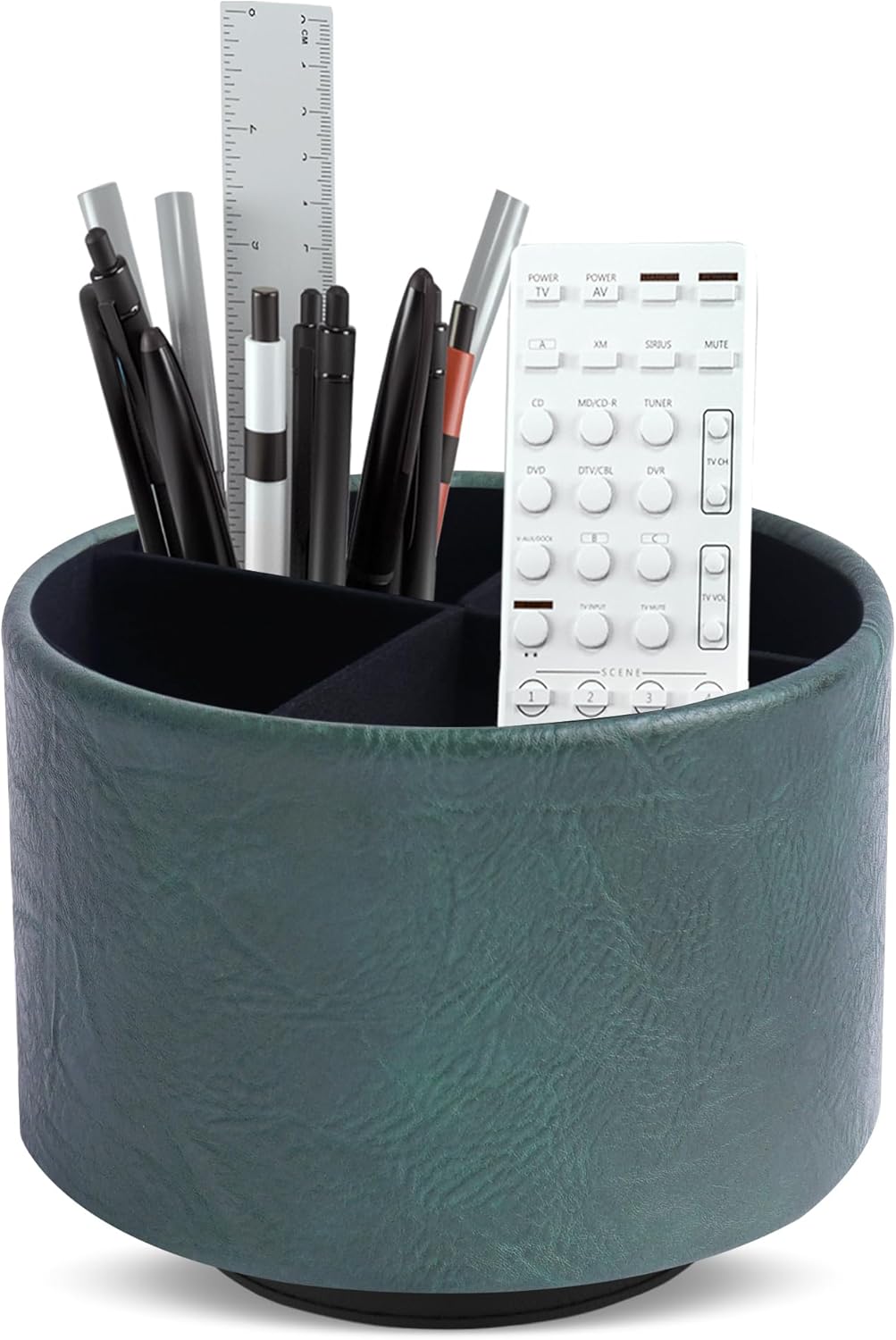 Hennaja Round Leather Art Supply Organizer,Remote Control Holder,360 Degree Rotating,Multi-Functional Pencil Holder,4 Compartments Desktop Stationary Organizer(1-Blue Bird) - Colors A