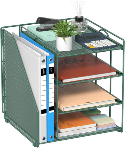 Desk Organizer, 4-Tier Metal File Organizer for Desk with Vertical File Holder, Office Accessories and Desktop Storage for Office Supplies (Black)