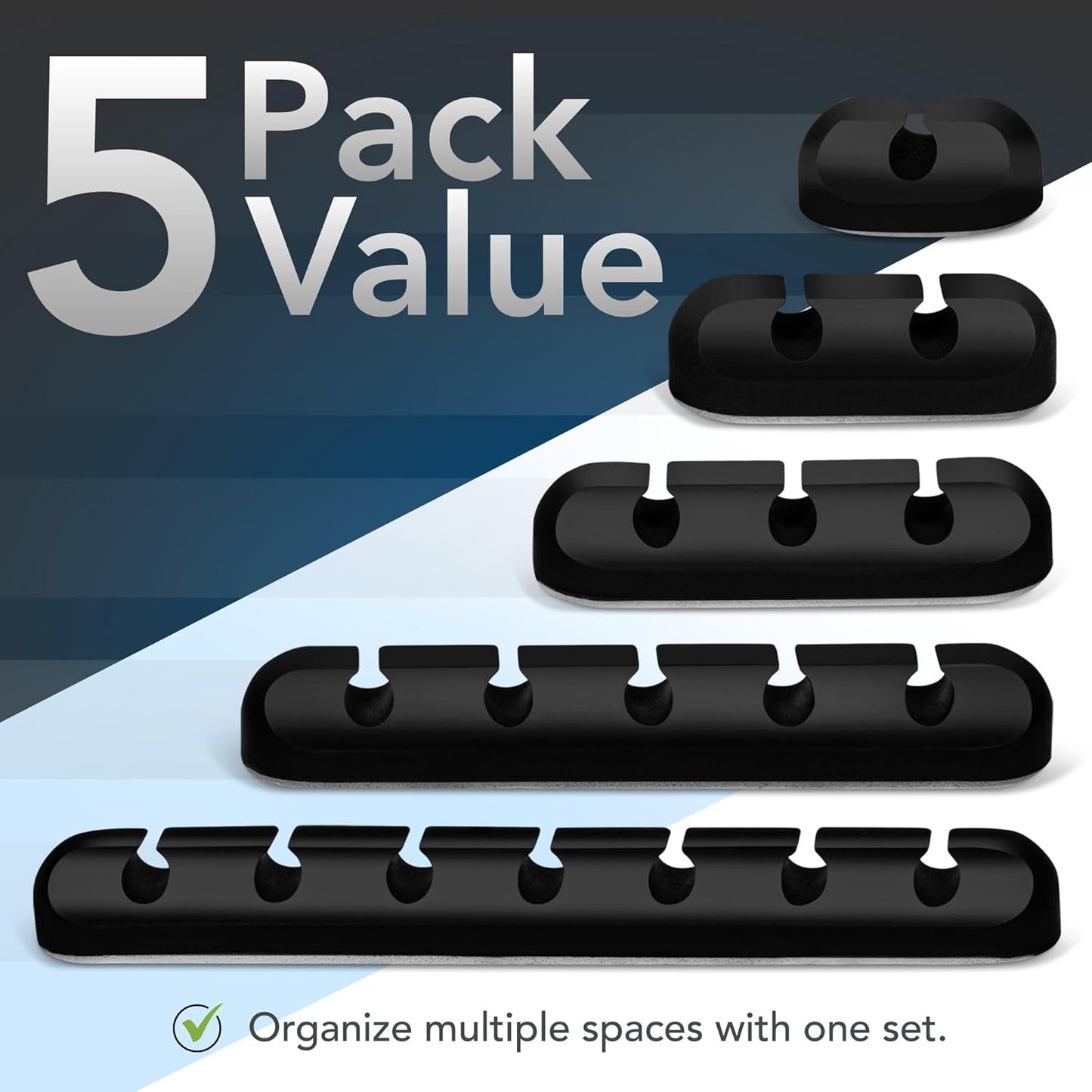 Cable Organizer Clips 5-Pack – Strong Adhesive Cord Holders for Desk, Wall & Home – Mixed Slot Sizes (1, 2, 3, 5, 7)