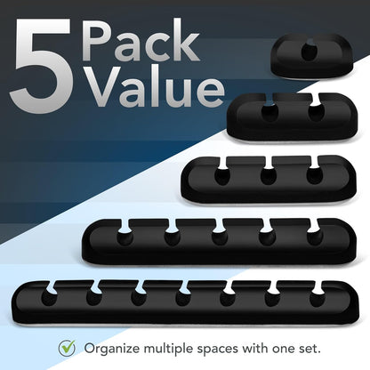 Cable Organizer Clips 5-Pack – Strong Adhesive Cord Holders for Desk, Wall & Home – Mixed Slot Sizes (1, 2, 3, 5, 7)