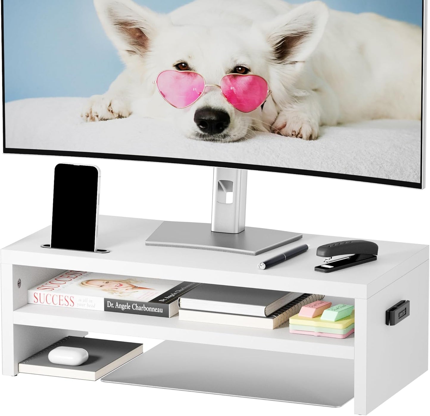 BONTEC Wooden Monitor Stand Riser, 2-Tier Desk Shelf with Storage Organizer, Ergonomic Computer Stand with Cable Management, Cellphone Holder, White, 16.5 Inch
