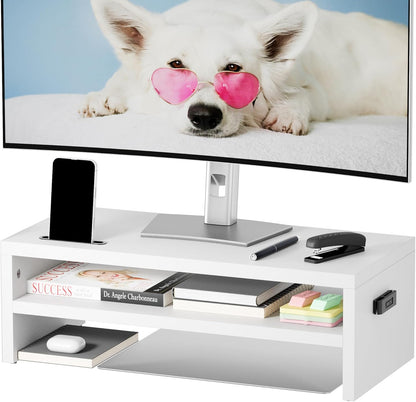 BONTEC Wooden Monitor Stand Riser, 2-Tier Desk Shelf with Storage Organizer, Ergonomic Computer Stand with Cable Management, Cellphone Holder, White, 16.5 Inch