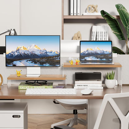 YGYQZ Adjustable Monitor Stand Riser with Acrylic Legs丨7.67" Wide Dual Monitor Stand for Desk丨2-Tier Wood Desktop Organizer for Computer, Laptop, Printer & PC丨Modern Aesthetic Desk Shelf(wood-flat)