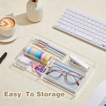 Briwooody Clear Acrylic Desk Drawer Organizer 11 x 6.1 x 1.38 Inch Storage Tray Organizer for Pens, Stationery, Desktop, Office, Bathroom, Kitchen, Makeup Supplies (6 Compartments)
