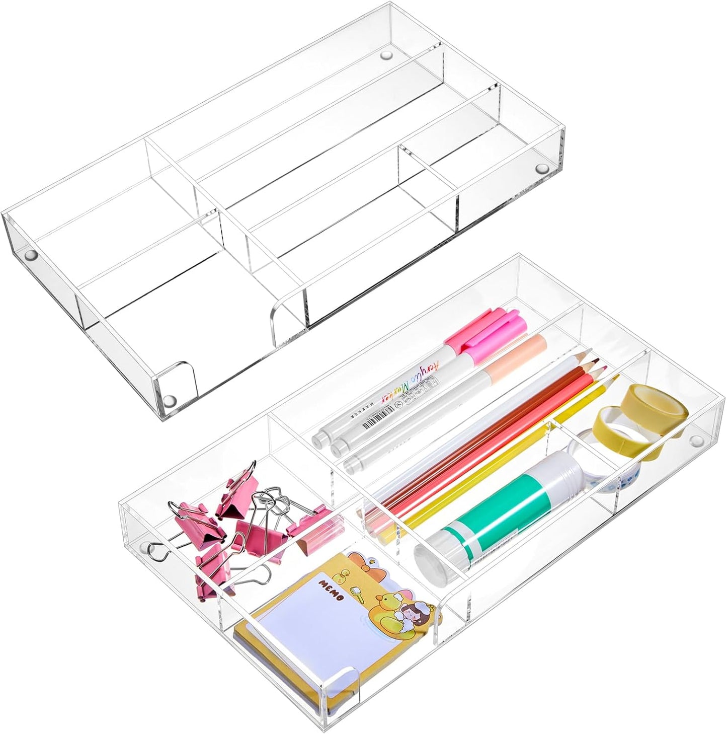 Briwooody 3 Pcs Clear Acrylic Desk Drawer Organizer 13.7 x 8.7 x 2 Inch Drawer Organizer Trays with 8 Compartments Desk Accessories for Office Makeup Silverware Bathroom