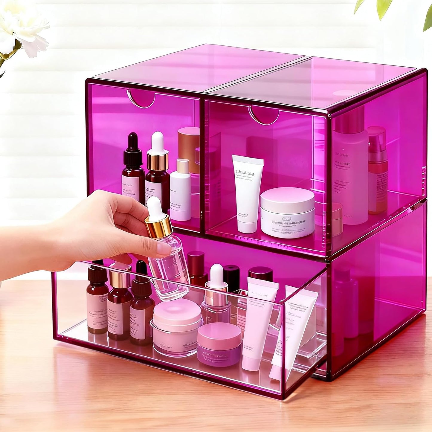 Gelite Desk Organizer with 3 Storage Drawers for Makeup Office Acrylic Desktop Drawer Organizer for Vanity Office Organization and Storage Box, Neon Pink