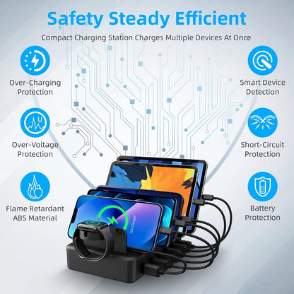 CREATIVE DESIGN Charging Station for Multiple Devices, 50W 6 Ports Charging Dock with 6 Cables Compatible with Cellphone,Tablet, Kindle, Apple Watch and Other Electronic