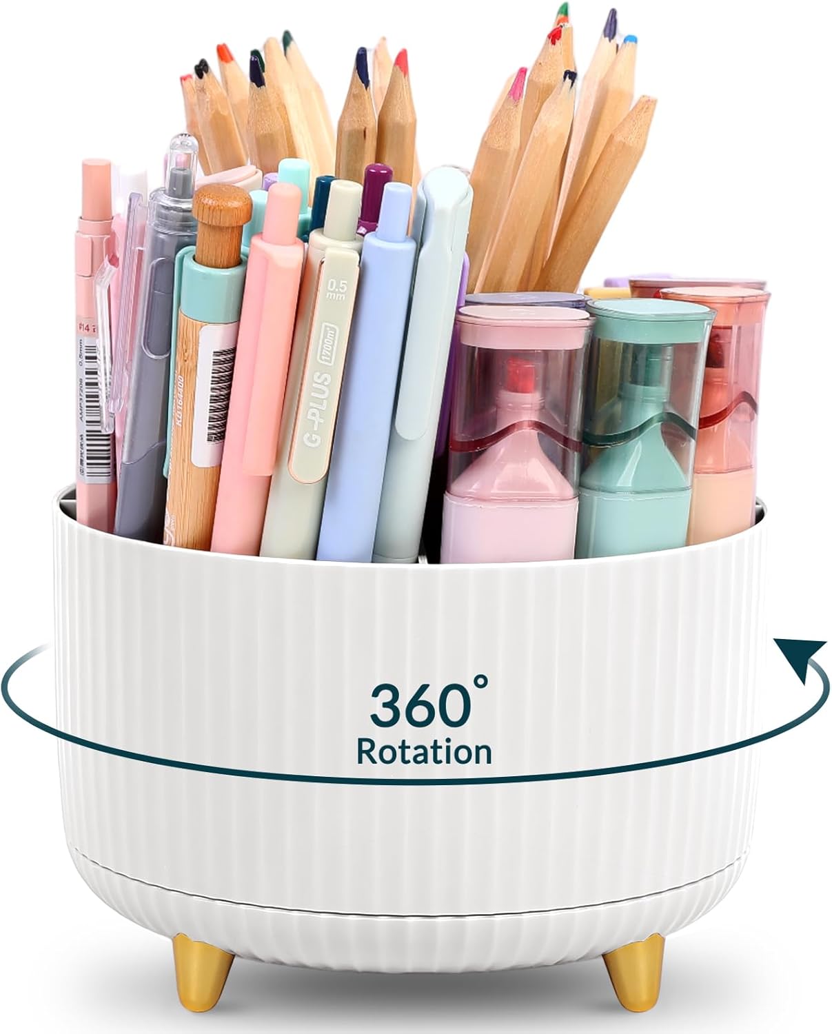 KONVINIT Pencil Pen Holder for Desk, 5 Slots 360 - Degree Rotating Desktop Organizer, Cute Desk Organizers and Accessories for School, Home, Office and Art Supply, Beige