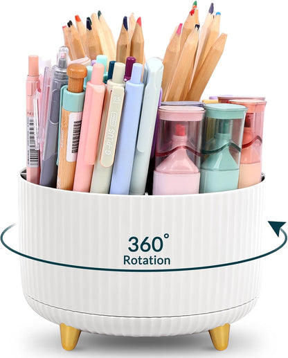 KONVINIT Pencil Pen Holder for Desk, 5 Slots 360 - Degree Rotating Desktop Organizer, Cute Desk Organizers and Accessories for School, Home, Office and Art Supply, Beige