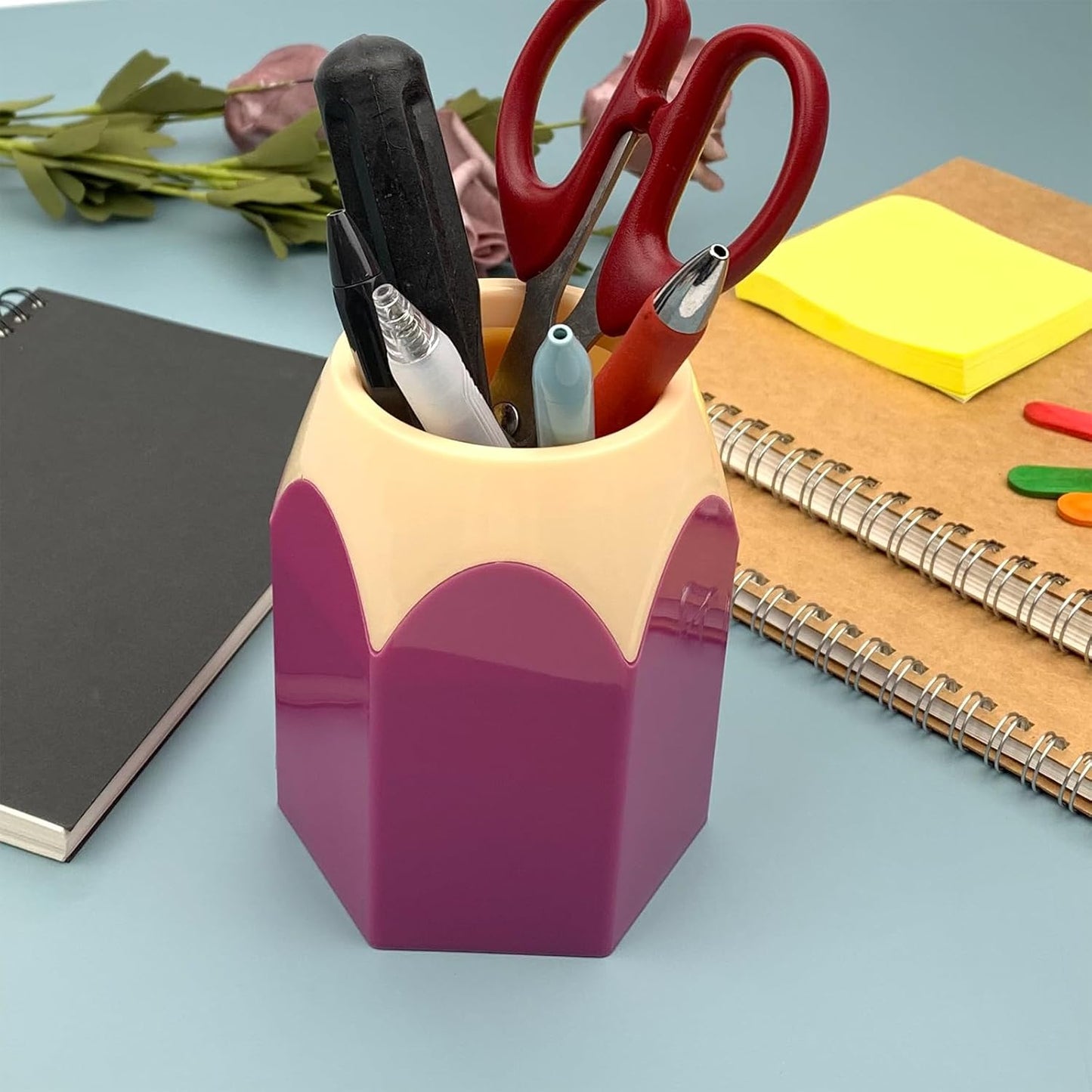 Newkita Pencil Shaped Desktop Pen Holder, Multifunctional Cute Storage Stationery Pen Stand, Aesthetic Desk Organizer for School (Purple)