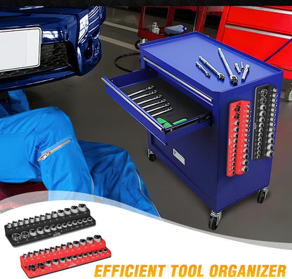 GOOACC 1/4" Magnetic Socket Organizer, 2 Pieces Socket Holder Metric SAE Socket Tray, 1/4 inch Socket Organizer Tray Holds 52 Standard Sockets for Tool Box Drawer