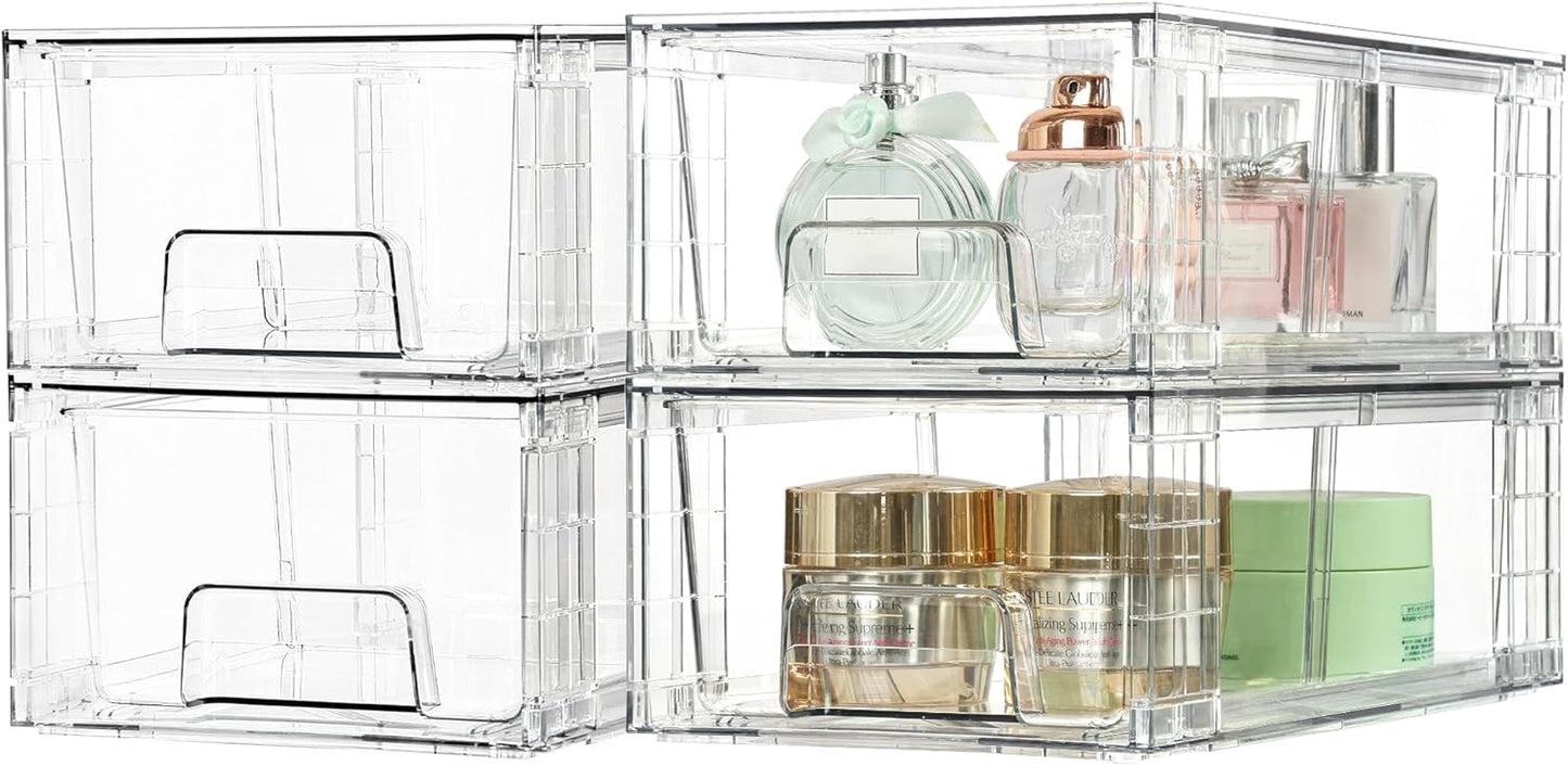 Vtopmart 4 Pack Stackable Storage Drawers,Clear Acrylic Drawer Organizers with Handles, Easily Assemble for Fridge, Bathroom,Kitchen Undersink,Cabinet,Pantry Organization and Storage