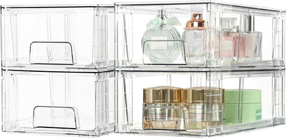 Vtopmart 4 Pack Stackable Storage Drawers,Clear Acrylic Drawer Organizers with Handles, Easily Assemble for Fridge, Bathroom,Kitchen Undersink,Cabinet,Pantry Organization and Storage