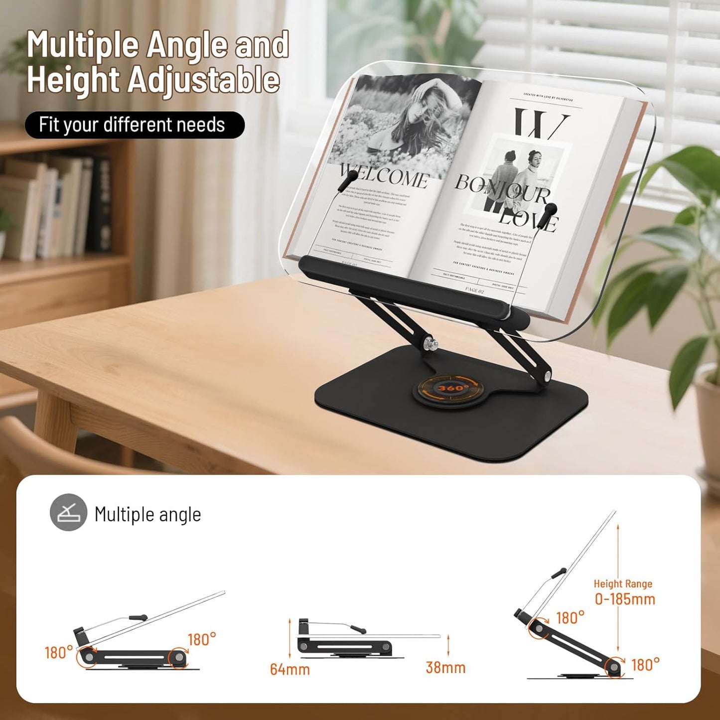 Acrylic Book Stand for Reading Hands Free - Adjustable 360° Rotating Cookbook Holder with Elastic Page Clips & Foldable Base, Multi-Angle Desktop Display Stand for Recipes, Textbooks, Tablets, Bibles