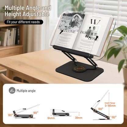 Acrylic Book Stand for Reading Hands Free - Adjustable 360° Rotating Cookbook Holder with Elastic Page Clips & Foldable Base, Multi-Angle Desktop Display Stand for Recipes, Textbooks, Tablets, Bibles