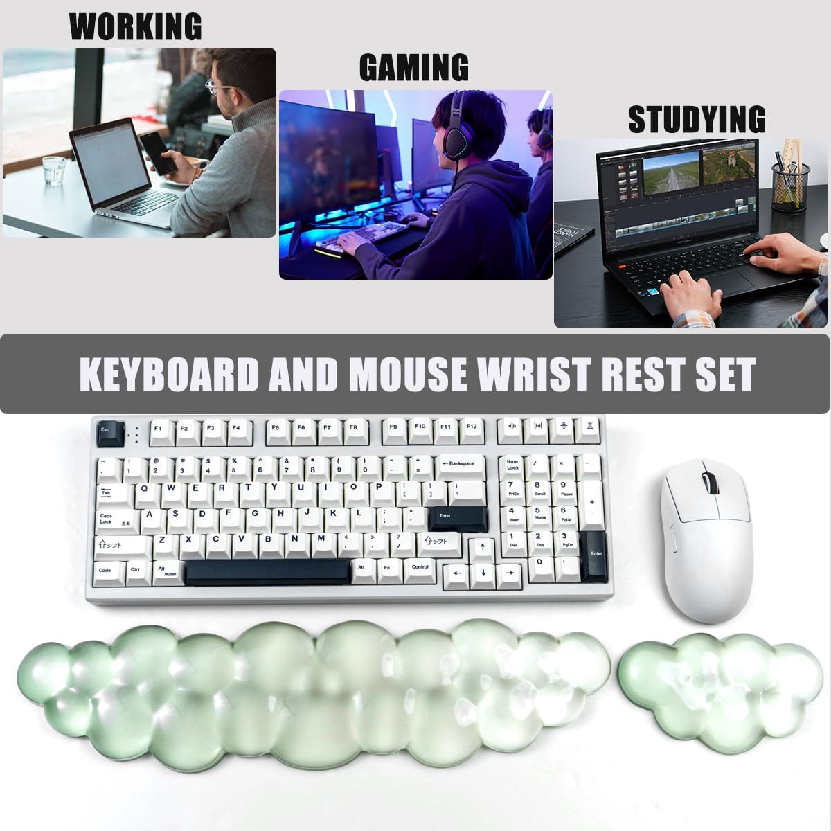 Gel Keyboard and Mouse Wrist Rest Set – Clear Cloud Wrist Rest for Computer Keyboard 60%/68%/75%, Comfort & Support for Typing and Gaming(Purple Green)