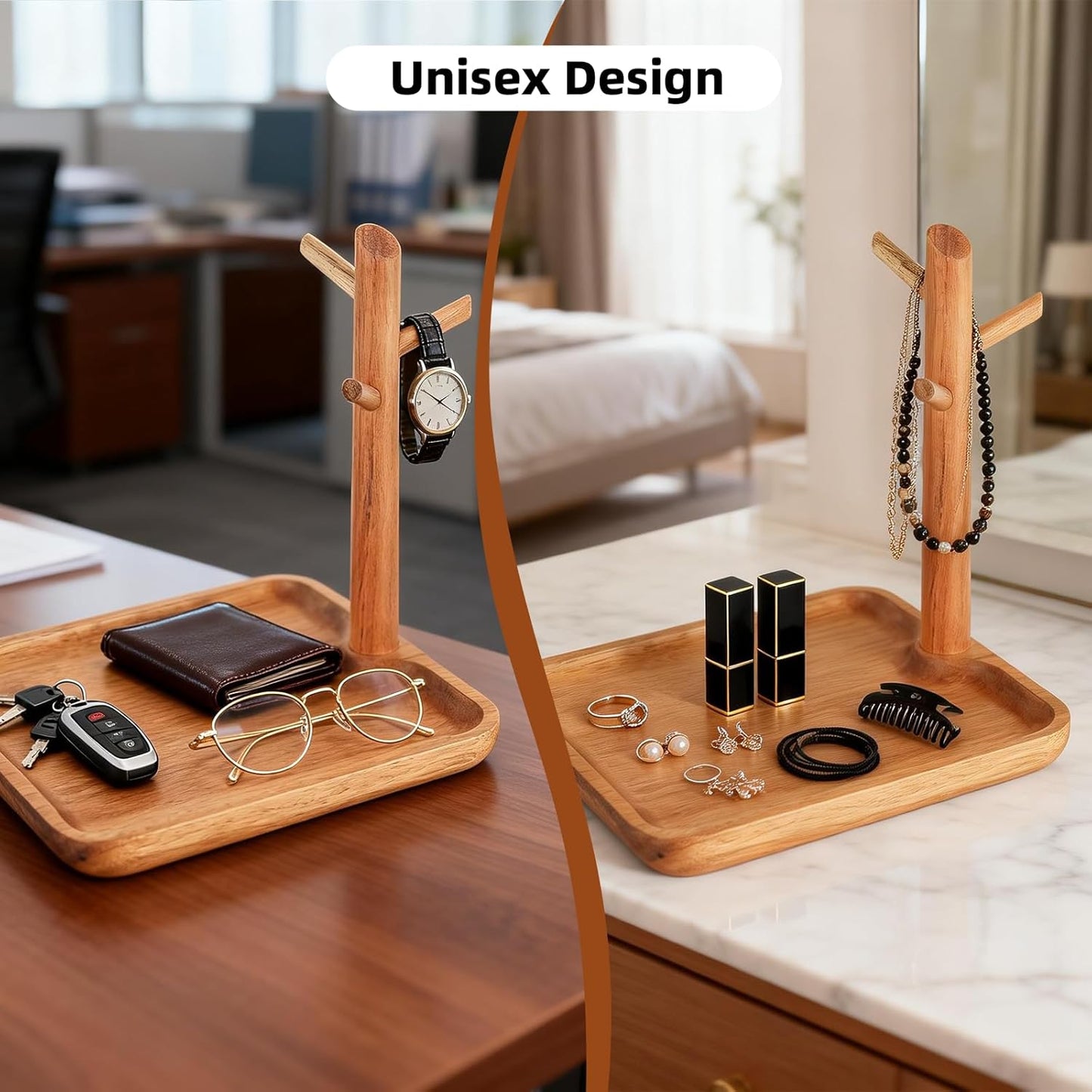 Acacia Wood Key Tray for Entryway Table, Wooden Catchall Organizer with Jewelry Storage Rack, Valet Tray for Keys Wallet Watches Sunglasses Rings(Rectangle)