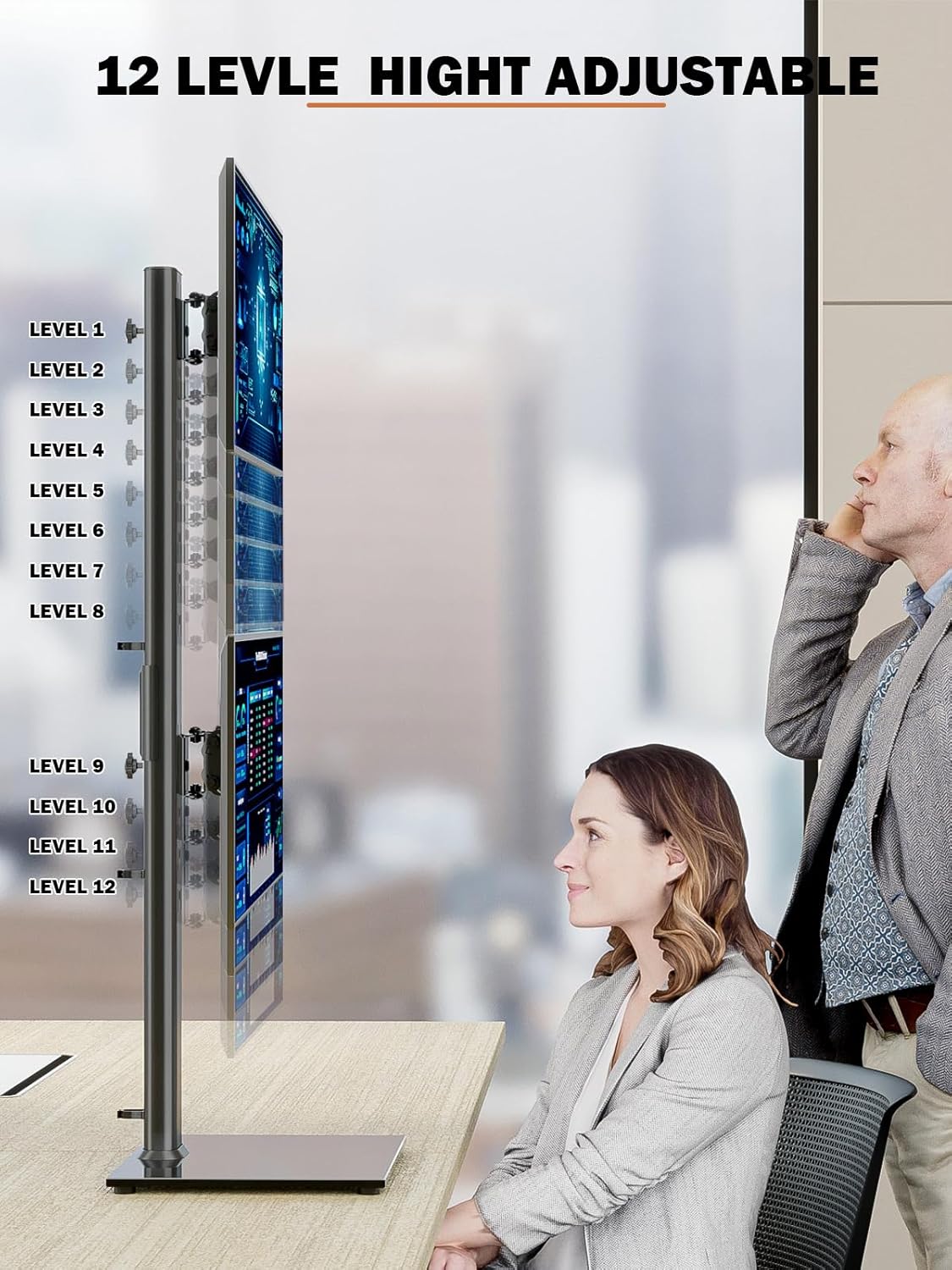 Dual Monitor Stand - Vertical Stack Screen Free-Standing Monitor Riser Fits Two 13 to 34 Inch Screen with Swivel, Tilt, Height Adjustable, Holds One (1) Screen up to 44Lbs HT05W-002 White