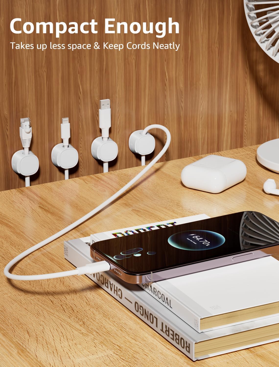 12 Pack Magnetic Cable Clips – [One-Snap Lock] Phone Cord Holder for Desk, Adhesive Magnetic Cord Organiser for Nightstand, Wall, Car – Under Desk Cable Management for Office, Home