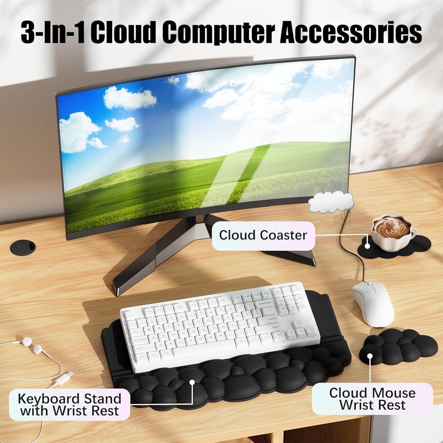 Ergonomic Wrist Rest for Keyboard and Mouse, Soft Memory Foam Cloud Keyboard Stand Pad with Wrist Rest Set, Easy Typing, Pain Relief, Comfort for Office, Work, Gaming - White