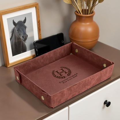 Engraved Leather Valet Tray for Men – Personalized Catchall with Custom Name for Desk, Dresser, Nightstand – Men's Organizer Tray for Keys, Wallet, Jewelry, Personalized Gift for Home, Office - Coffee