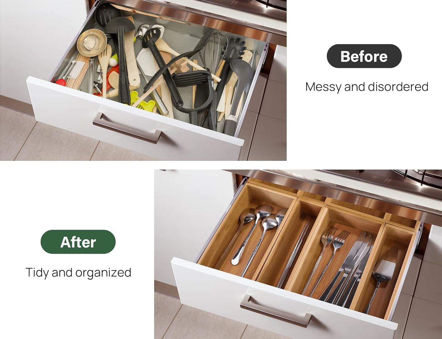Kootek 6 Pcs Bamboo Drawer Organizer Utensil Tray Kitchen Storage Box 3-Size Versatile Dividers Cutlery Holders Bins Containers for Flatware Kitchen Utensils