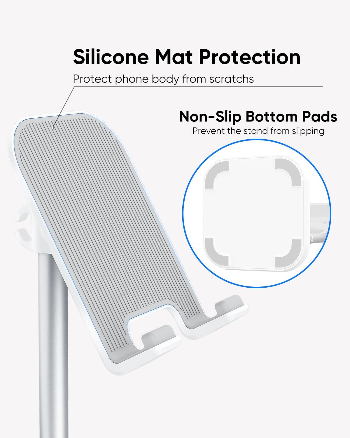 Cell Phone Stand, Adjustable Height Phone Stand for Desk, Eye Level Desktop Phone Holder Compatible with iPhone, Pro Max, Samsung, and All Mobile Phones up to 10''