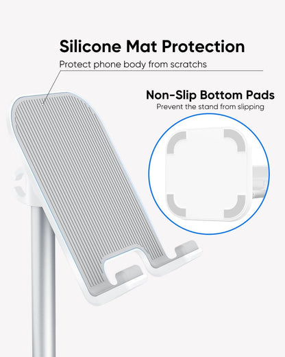Cell Phone Stand, Adjustable Height Phone Stand for Desk, Eye Level Desktop Phone Holder Compatible with iPhone, Pro Max, Samsung, and All Mobile Phones up to 10''