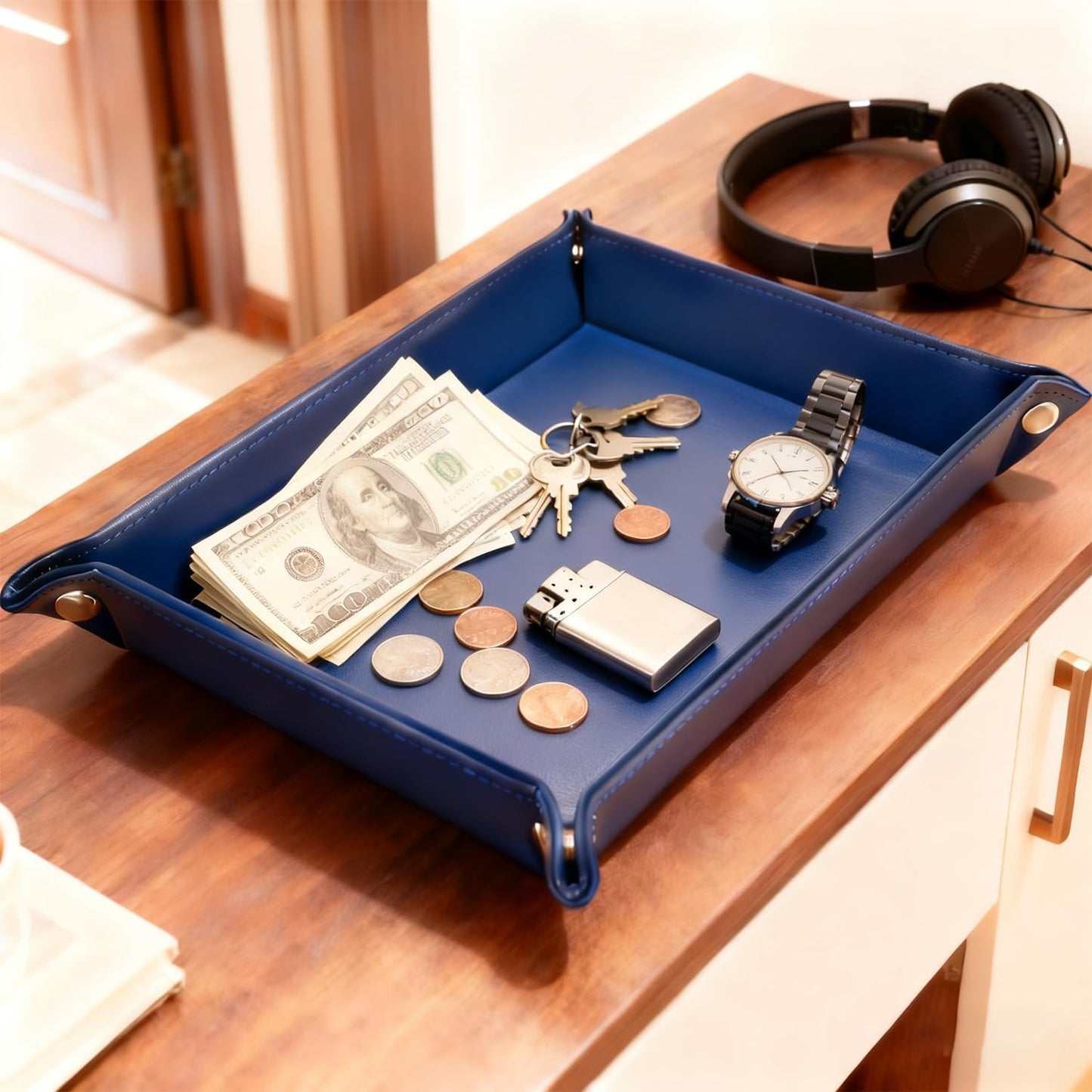 Leather Valet Tray Organizer, Catchall Tray, Desktop Storage for Keys, Coins, Wallet, Phone, Jewelry | Multi-Use Entryway Table, Desk & Nightstand Storage for Men & Women (Maroon)