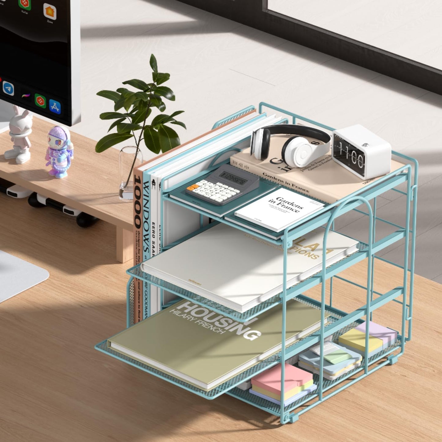 Desk Organizer, 4-Tier Metal File Organizer for Desk with Vertical File Holder, Office Accessories and Desktop Storage for Office Supplies (Black)