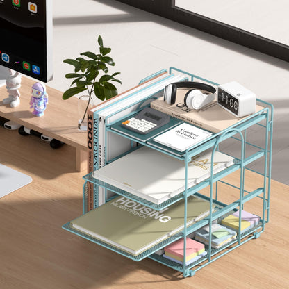 Desk Organizer, 4-Tier Metal File Organizer for Desk with Vertical File Holder, Office Accessories and Desktop Storage for Office Supplies (Black)
