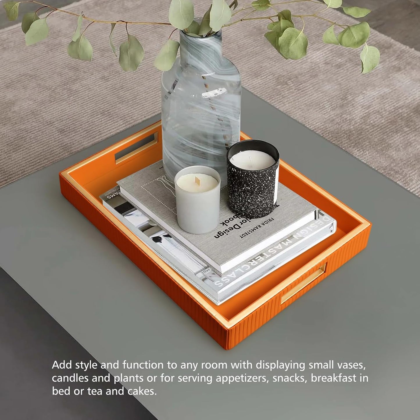 SANZIE Leather Tray Desktop Storage Organizer Premium Serving Tray Decorative Tray Valet Tray for Sundries Cosmetics Phone Wallet Cutlery (Black Holder)