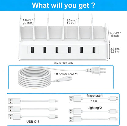 Charging Station for Multiple Devices, 6 Port USB Desktop Charger Dock Compatible with iPad, Samsung, Android, Tablet, Family Multi Phone Charging Organizer with Divider Holders, Fireproof ABS (White)