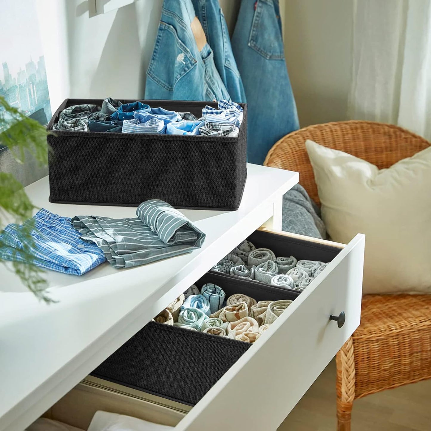 Criusia Foldable Underwear Drawer Organizer, Closet Dividers, Storage Box for Clothes, Socks (6 Bins, Gray)