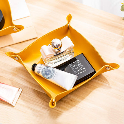 SANQIANWAN Leather Jewelry Valet Tray for Women and Man, Entryway Table Bedside Nightstand Desk Portable Small Catchall Travel Dish Plate for Key,Wallet,Watch,Phone,Coin(Pink-B)
