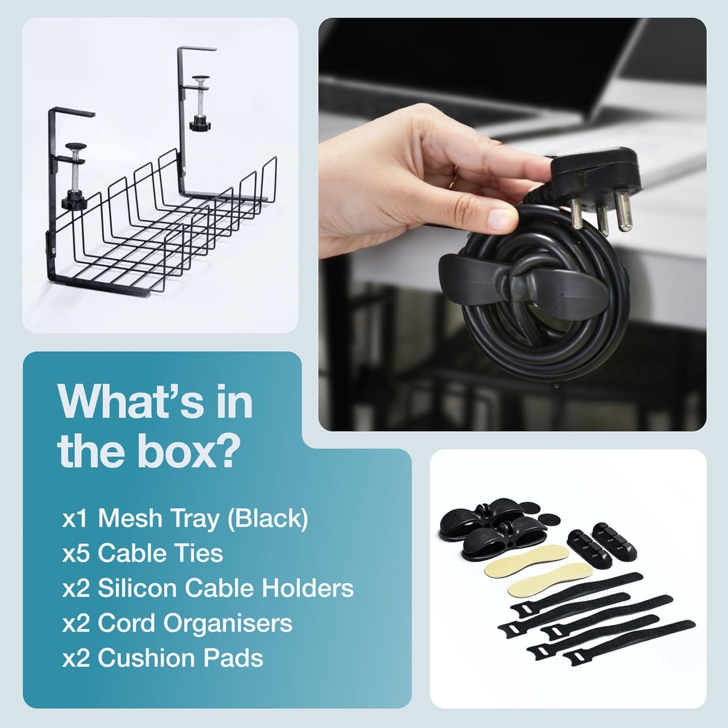 Under Desk Cable Management Tray - 16” No Screw Ready to Install - Hanging Basket Box for Wire Management - Sturdy Desk Cable Tray Organizer fits Two Power Cords - Ideal for Home & Office - 11pc Set