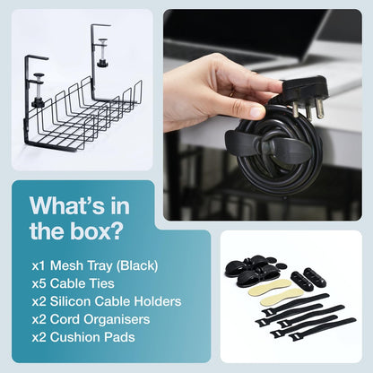 Under Desk Cable Management Tray - 16” No Screw Ready to Install - Hanging Basket Box for Wire Management - Sturdy Desk Cable Tray Organizer fits Two Power Cords - Ideal for Home & Office - 11pc Set