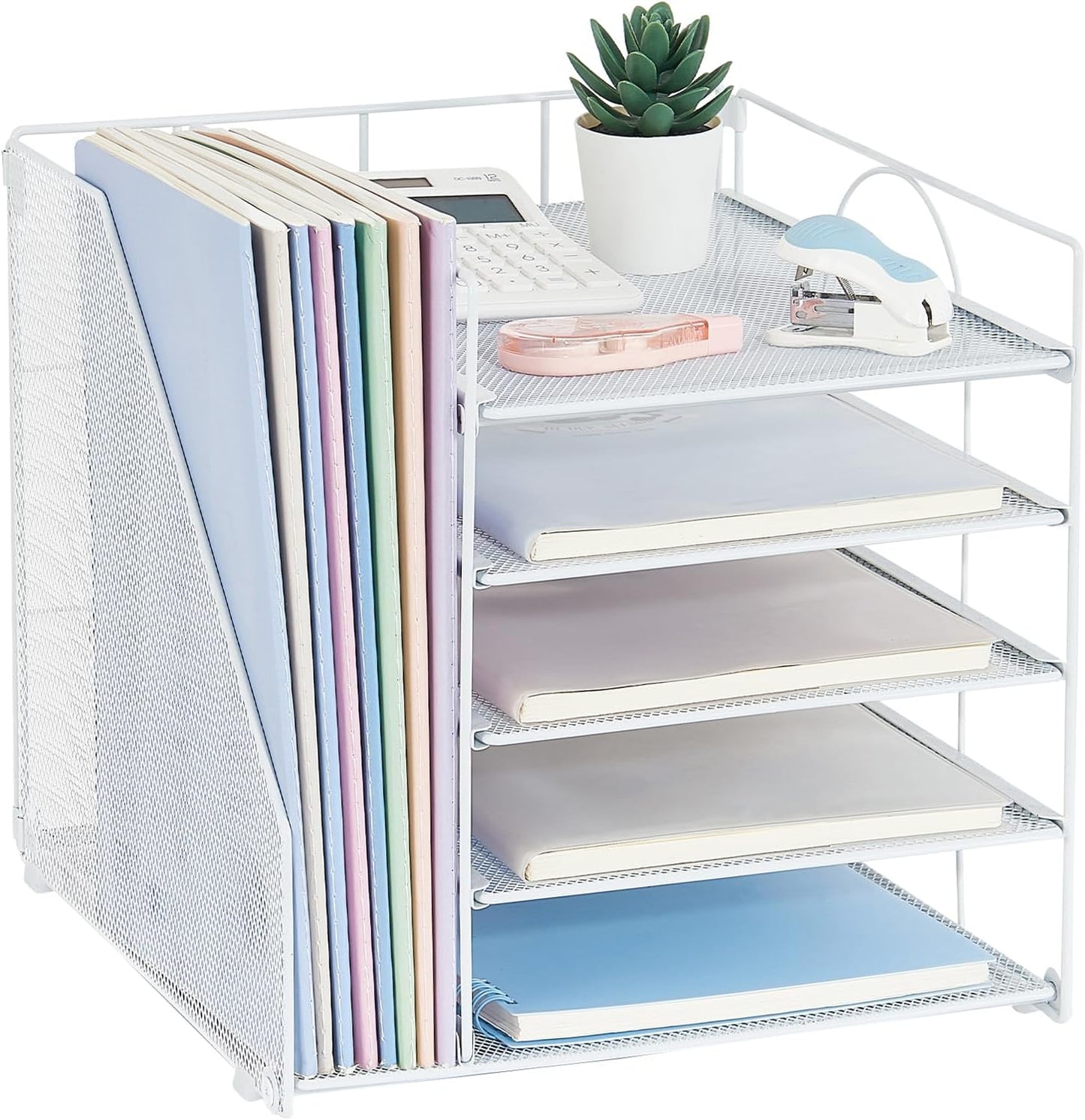 LEKETREE Desk Organizers and Accessories, 5-Tier Paper Letter Tray Organizer with File Holder, Desktop Organizer for Office Supplies (Black)